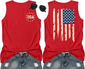 American Flag Tank Tops Women Patriotic Shirt USA Flag Stars Stripes Print Sleeveless T-Shirt 4th of July Tee Tops