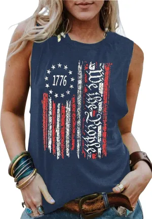 American Flag Tank Tops Women Patriotic Shirt USA Flag Stars Stripes Print Sleeveless T-Shirt 4th of July Tee Tops