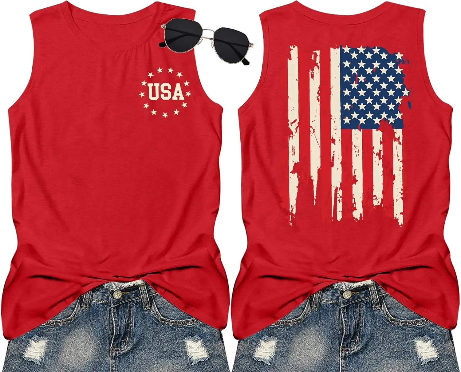 American Flag Tank Tops Women Patriotic Shirt USA Flag Stars Stripes Print Sleeveless T-Shirt 4th of July Tee Tops