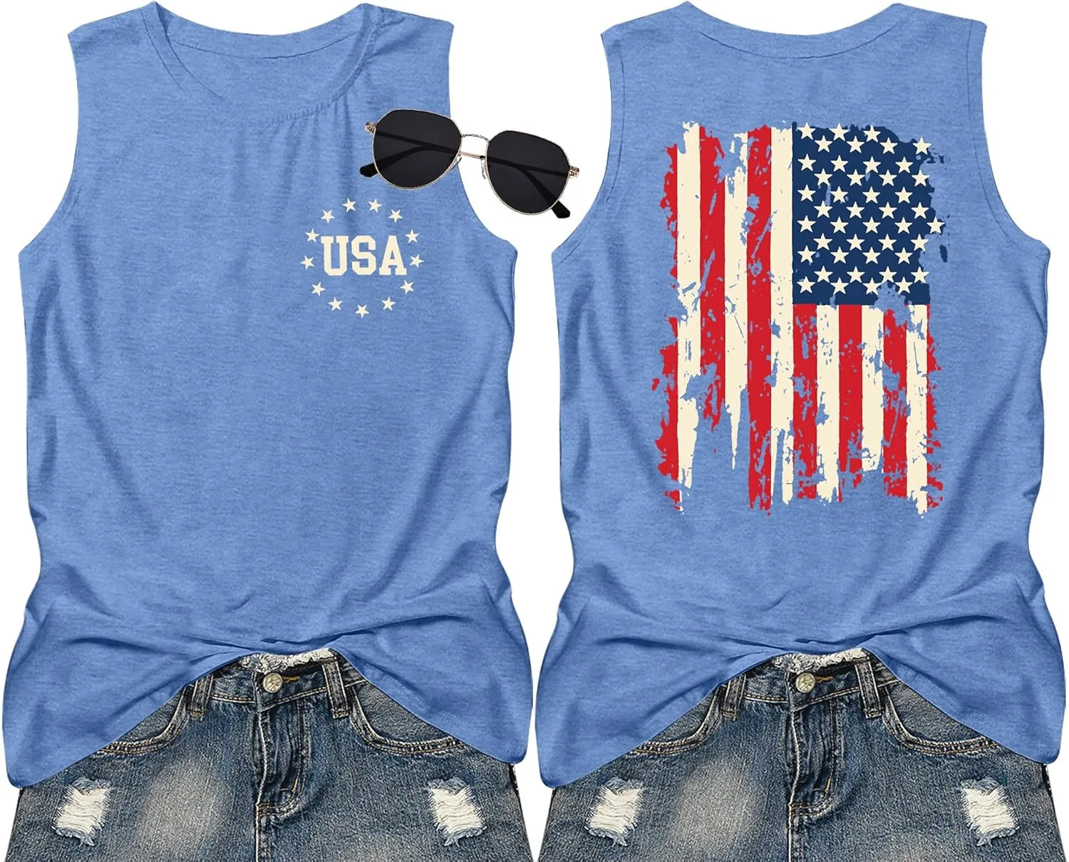 American Flag Tank Tops Women Patriotic Shirt USA Flag Stars Stripes Print Sleeveless T-Shirt 4th of July Tee Tops