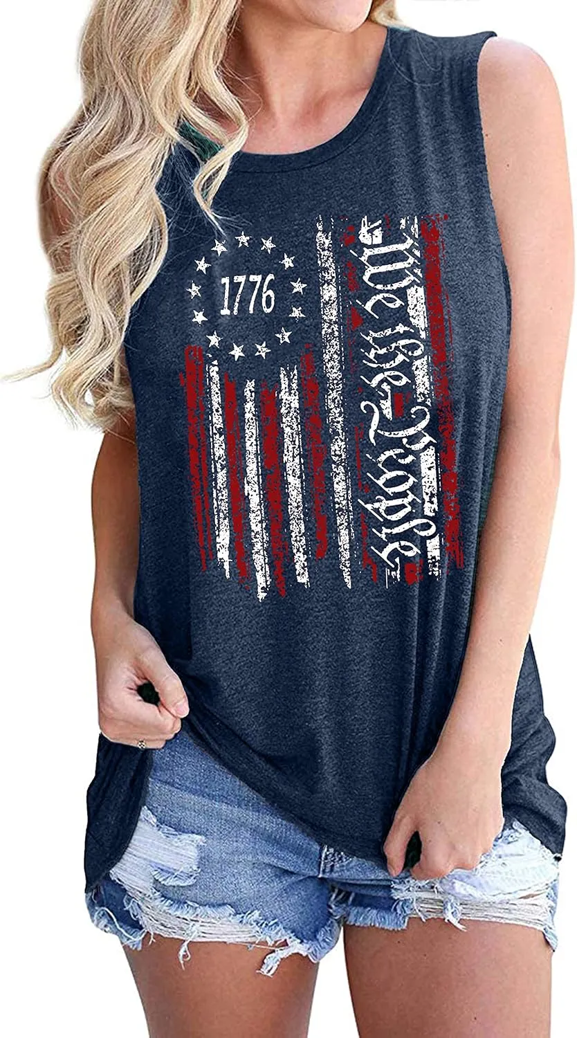 American Flag Tank Tops Women Patriotic Shirt USA Flag Stars Stripes Print Sleeveless T-Shirt 4th of July Tee Tops