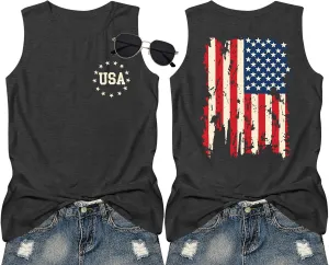 American Flag Tank Tops Women Patriotic Shirt USA Flag Stars Stripes Print Sleeveless T-Shirt 4th of July Tee Tops