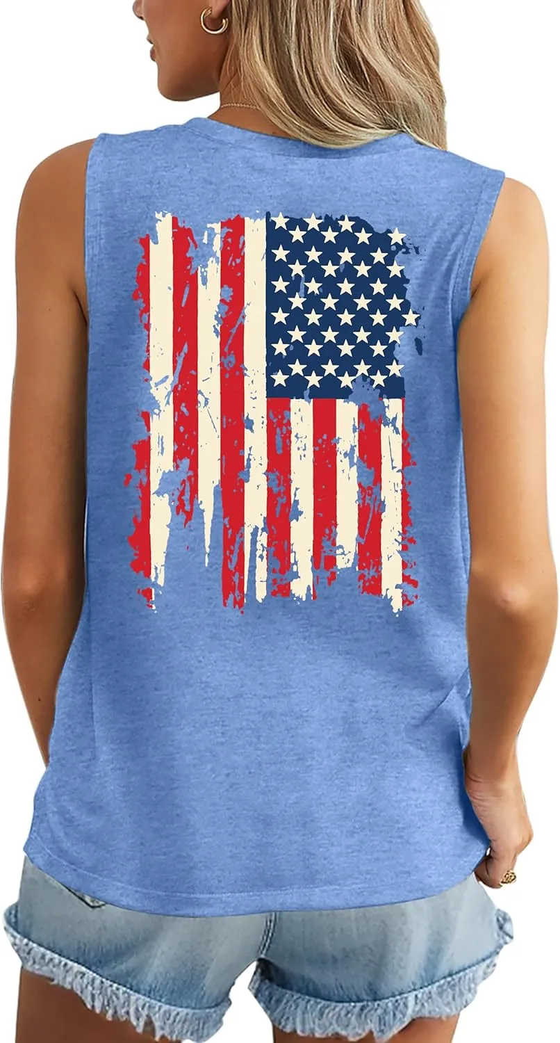 American Flag Tank Tops Women Patriotic Shirt USA Flag Stars Stripes Print Sleeveless T-Shirt 4th of July Tee Tops