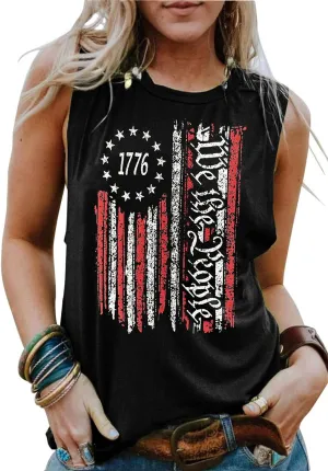 American Flag Tank Tops Women Patriotic Shirt USA Flag Stars Stripes Print Sleeveless T-Shirt 4th of July Tee Tops