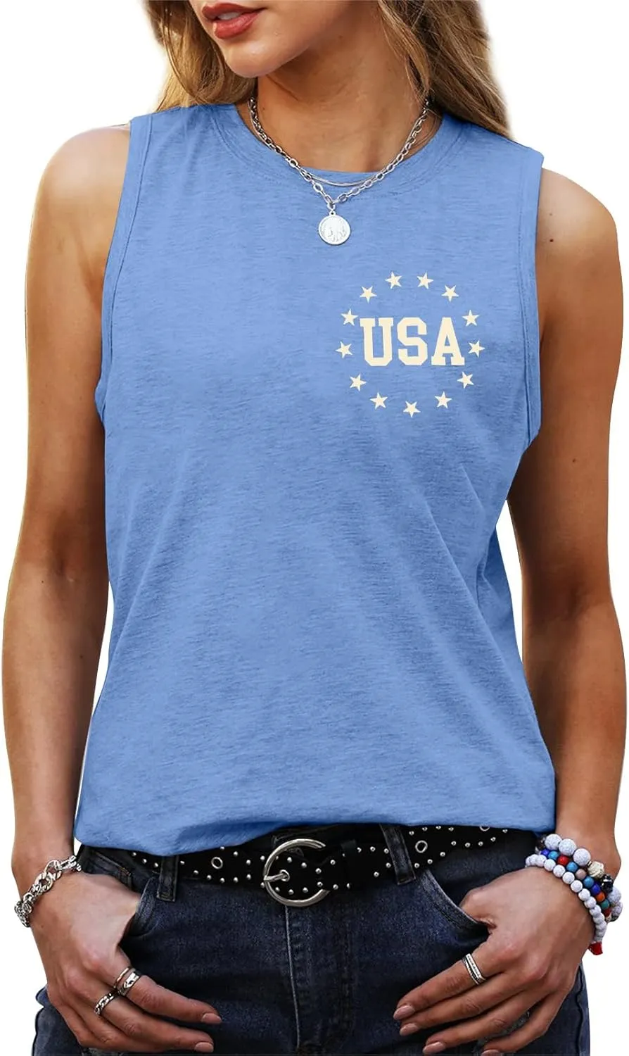 American Flag Tank Tops Women Patriotic Shirt USA Flag Stars Stripes Print Sleeveless T-Shirt 4th of July Tee Tops