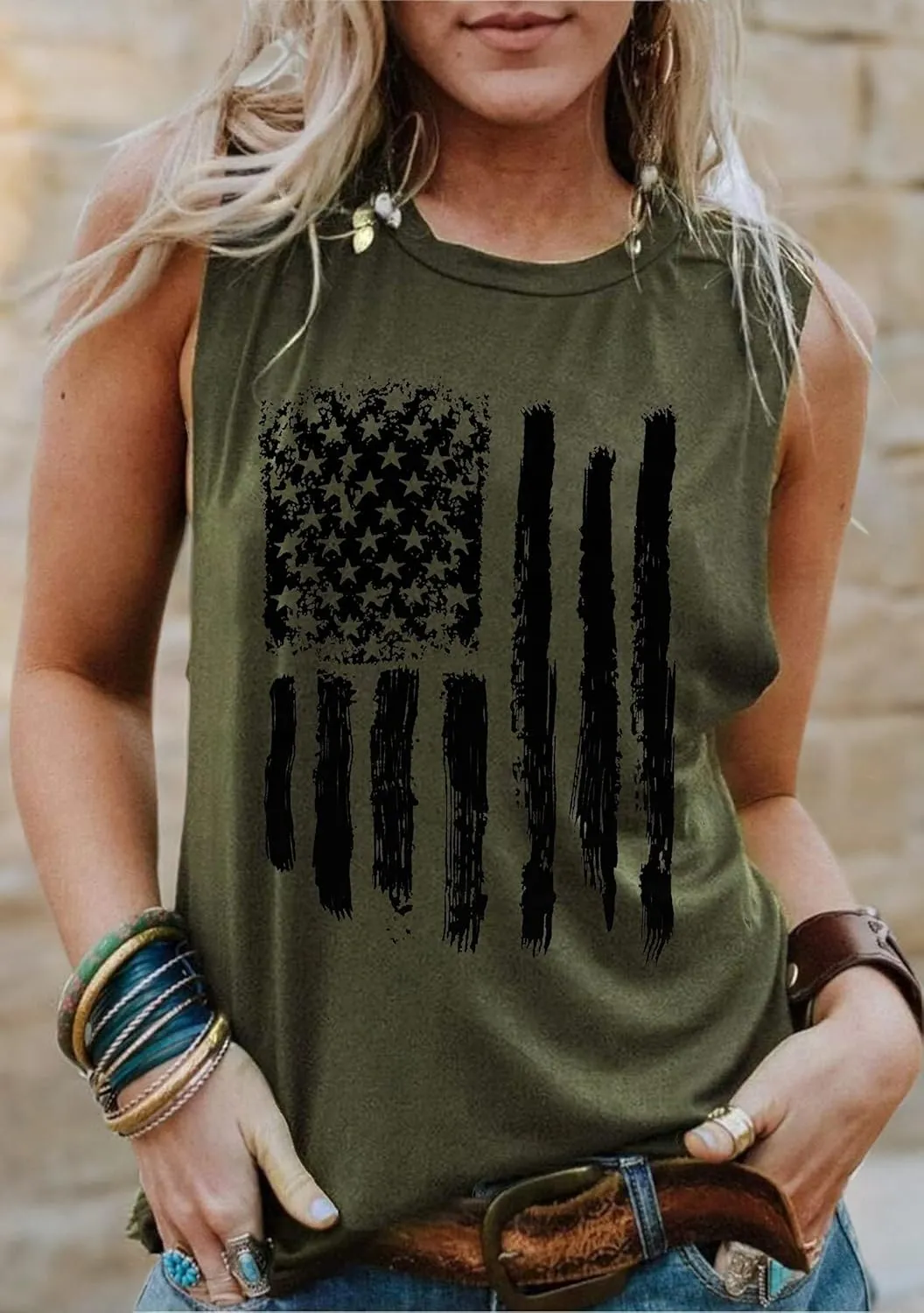 American Flag Tank Tops Women Patriotic Shirt USA Flag Stars Stripes Print Sleeveless T-Shirt 4th of July Tee Tops