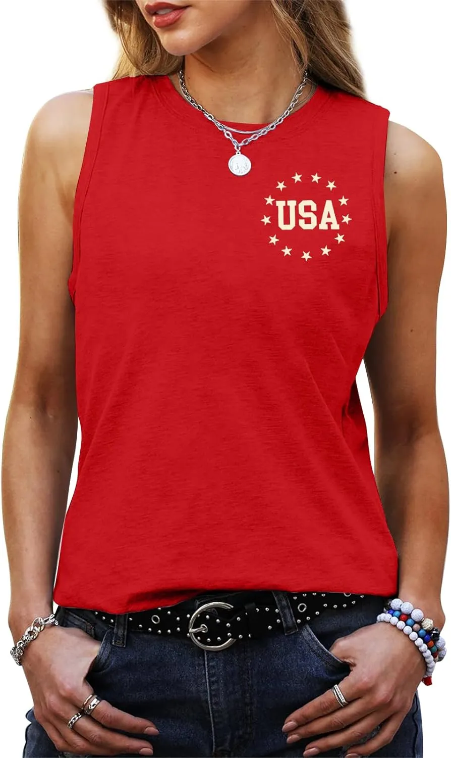 American Flag Tank Tops Women Patriotic Shirt USA Flag Stars Stripes Print Sleeveless T-Shirt 4th of July Tee Tops