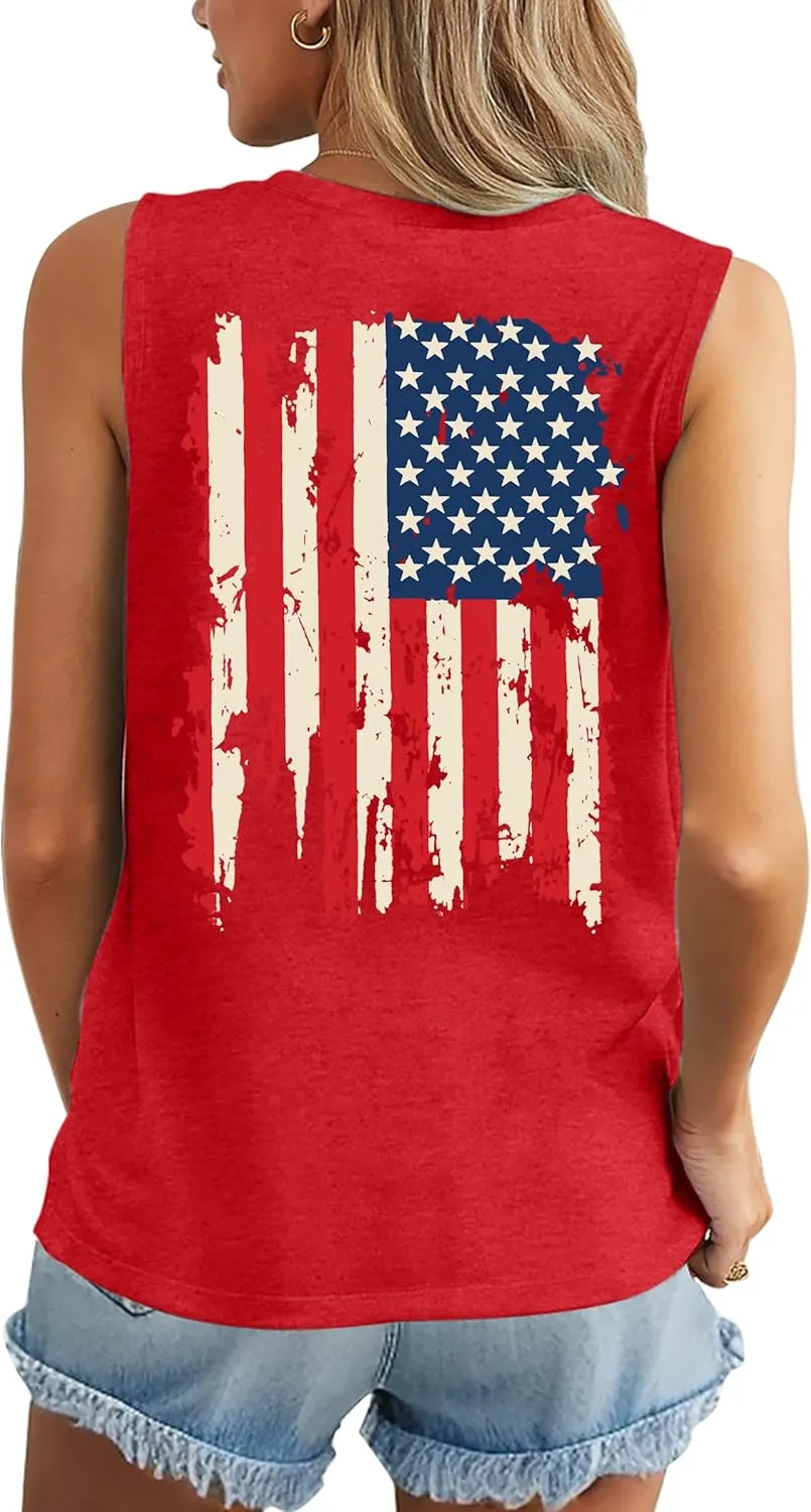 American Flag Tank Tops Women Patriotic Shirt USA Flag Stars Stripes Print Sleeveless T-Shirt 4th of July Tee Tops