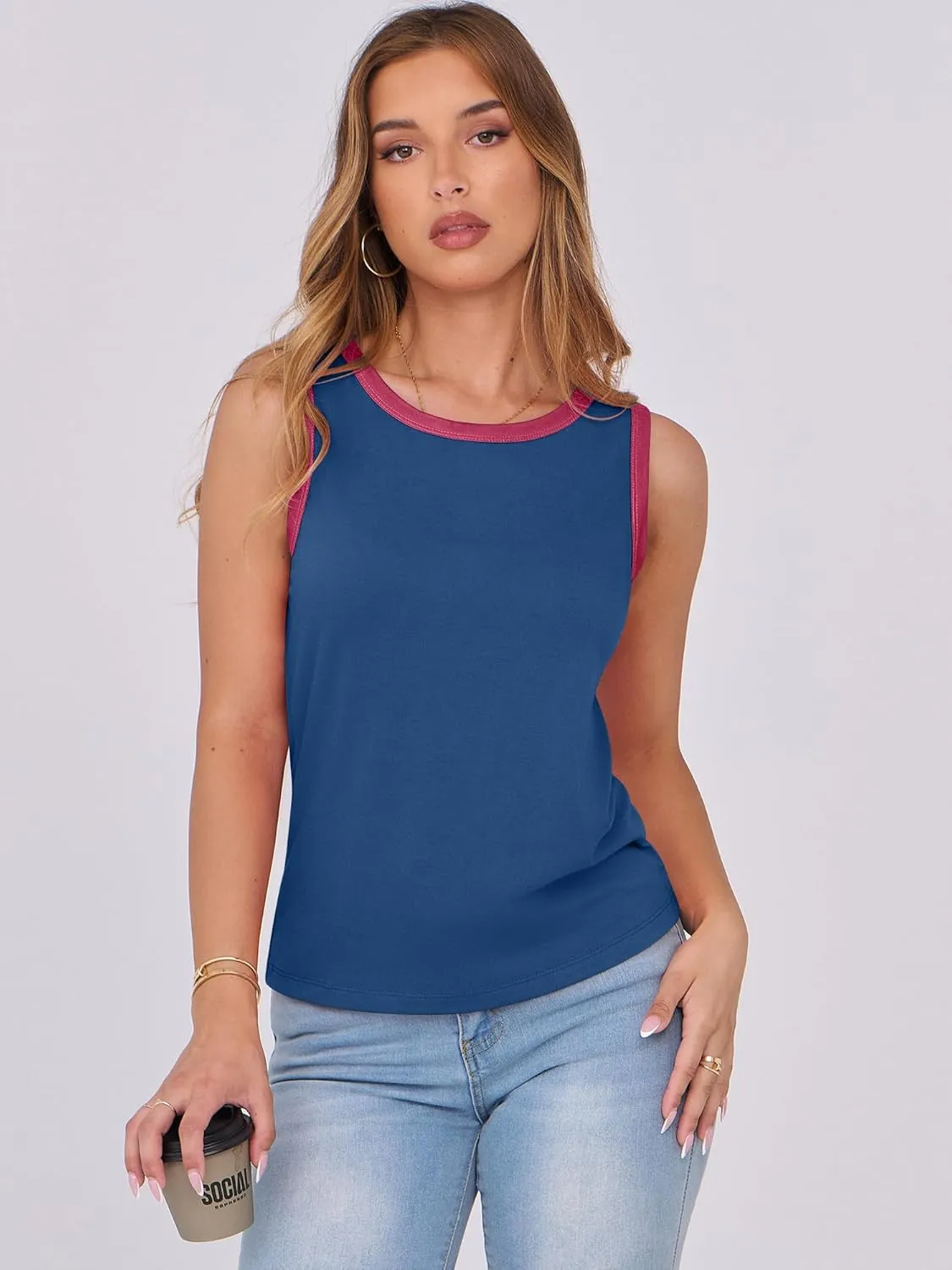 ANRABESS Tank Tops for Women 2025 Summer Casual Crew Neck Color Block Basic Sleeveless T Shirt Fashion Teen Girls Outfits