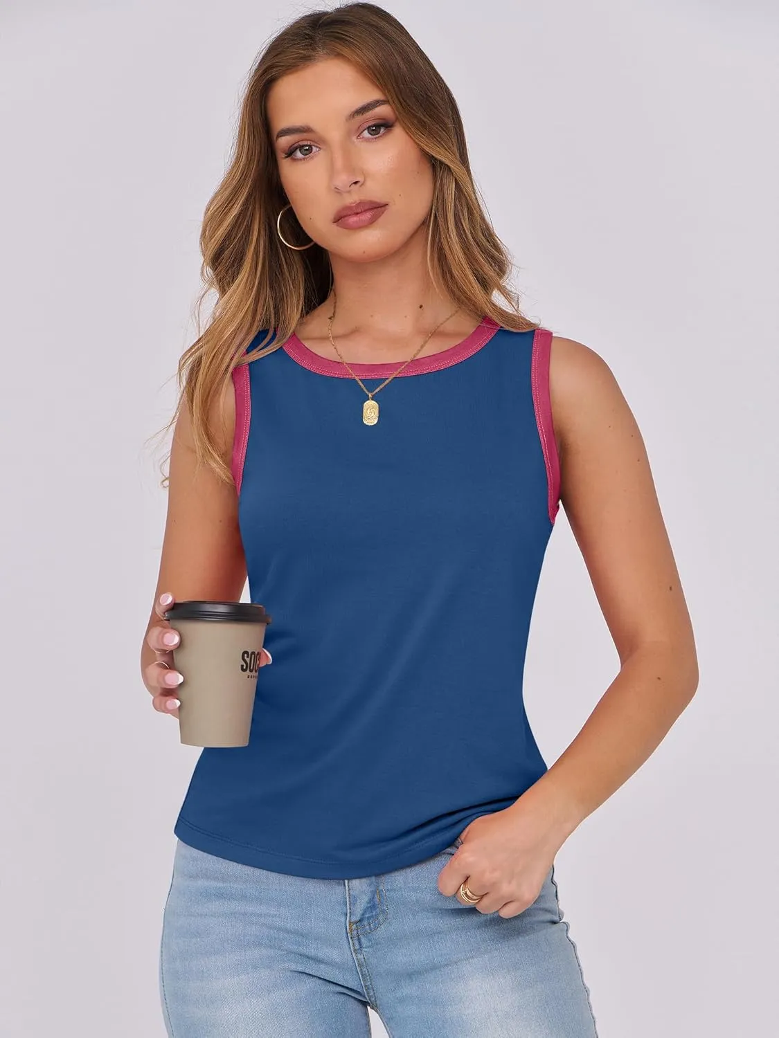ANRABESS Tank Tops for Women 2025 Summer Casual Crew Neck Color Block Basic Sleeveless T Shirt Fashion Teen Girls Outfits