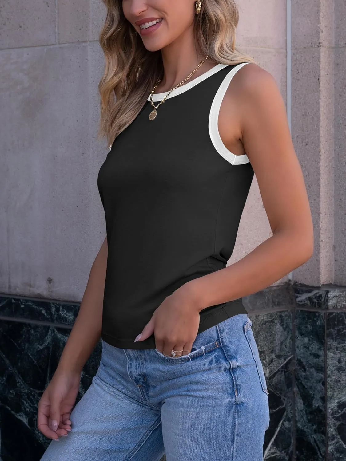ANRABESS Tank Tops for Women 2025 Summer Casual Crew Neck Color Block Basic Sleeveless T Shirt Fashion Teen Girls Outfits