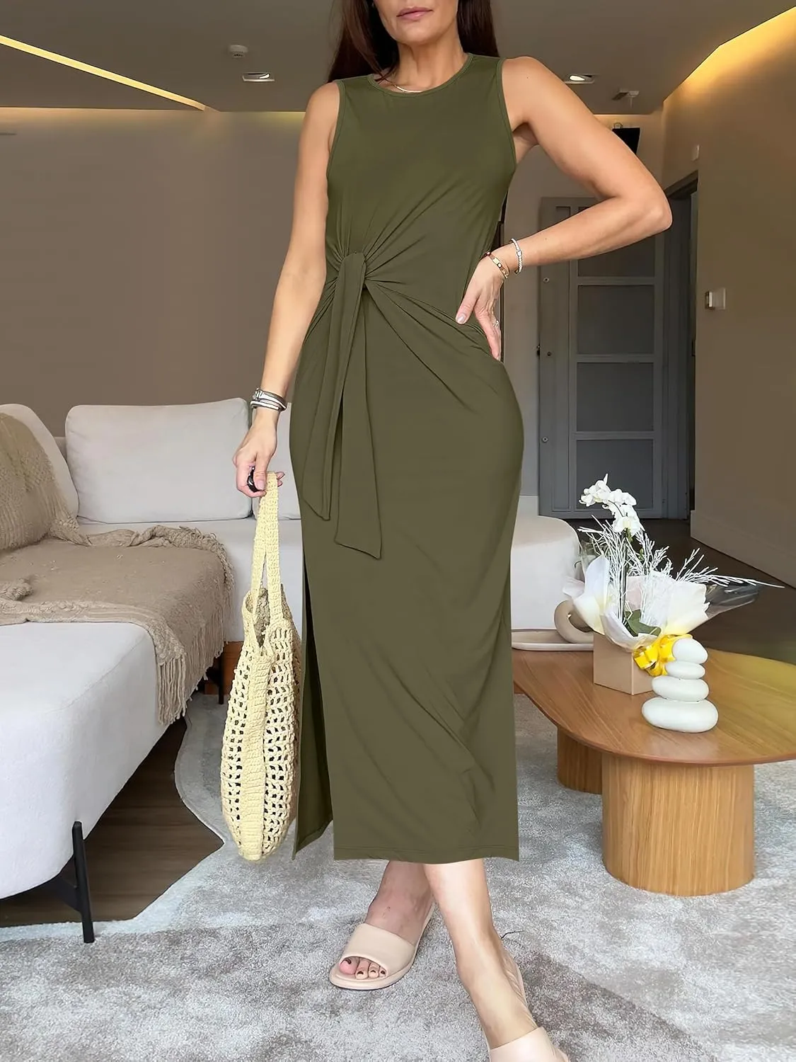 ANRABESS Womens Summer Casual Sleeveless T Shirt Midi Dress Slim Fit Tie Waist Split Tank Long Dresses 2025 Vacation Sundress