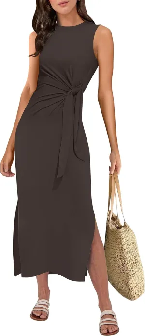 ANRABESS Womens Summer Casual Sleeveless T Shirt Midi Dress Slim Fit Tie Waist Split Tank Long Dresses 2025 Vacation Sundress