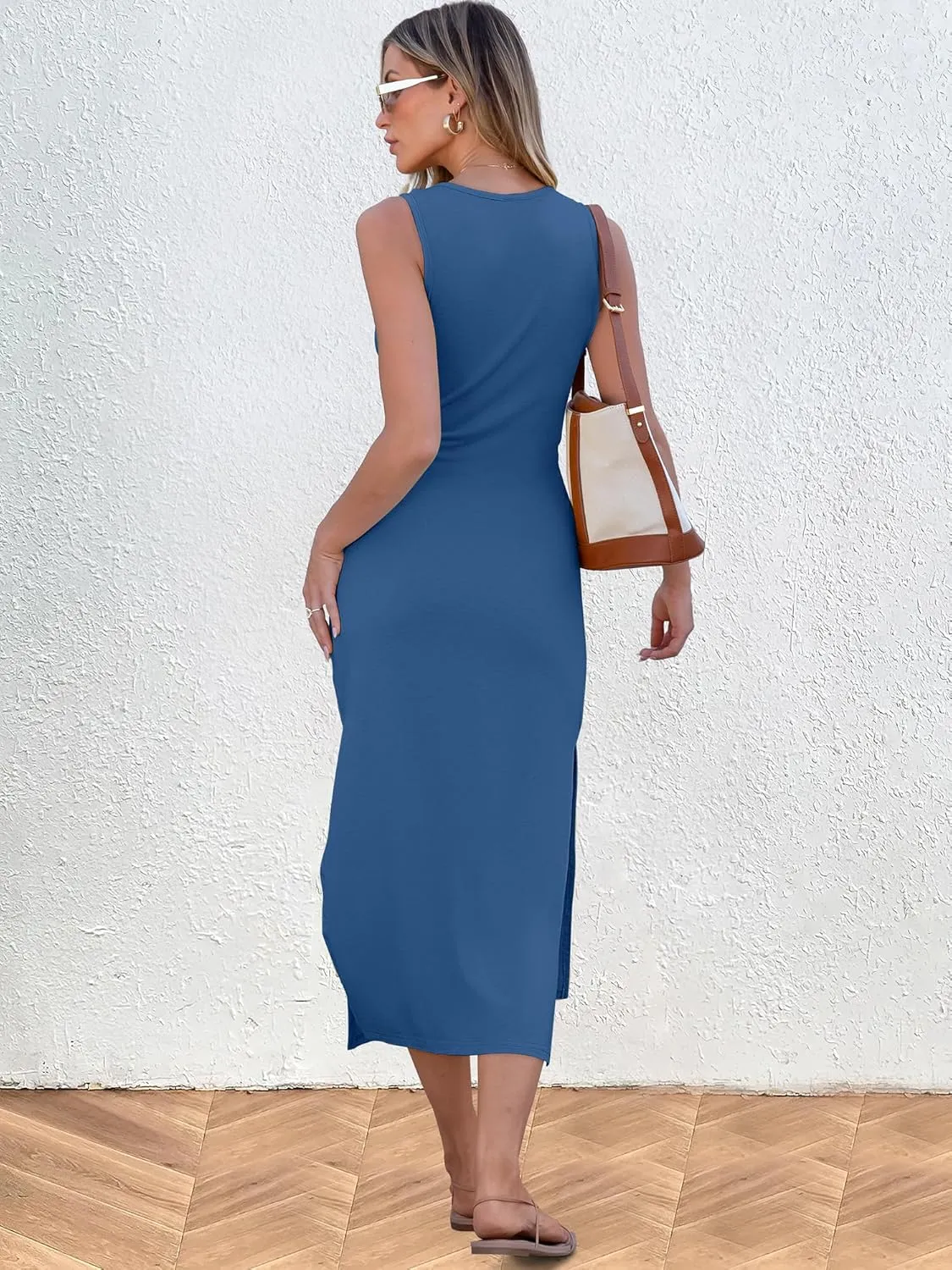 ANRABESS Womens Summer Casual Sleeveless T Shirt Midi Dress Slim Fit Tie Waist Split Tank Long Dresses 2025 Vacation Sundress