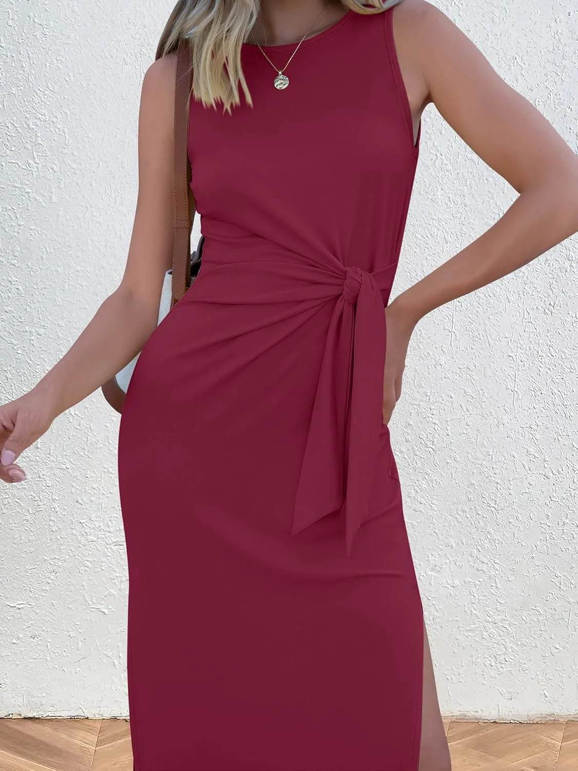 ANRABESS Womens Summer Casual Sleeveless T Shirt Midi Dress Slim Fit Tie Waist Split Tank Long Dresses 2025 Vacation Sundress