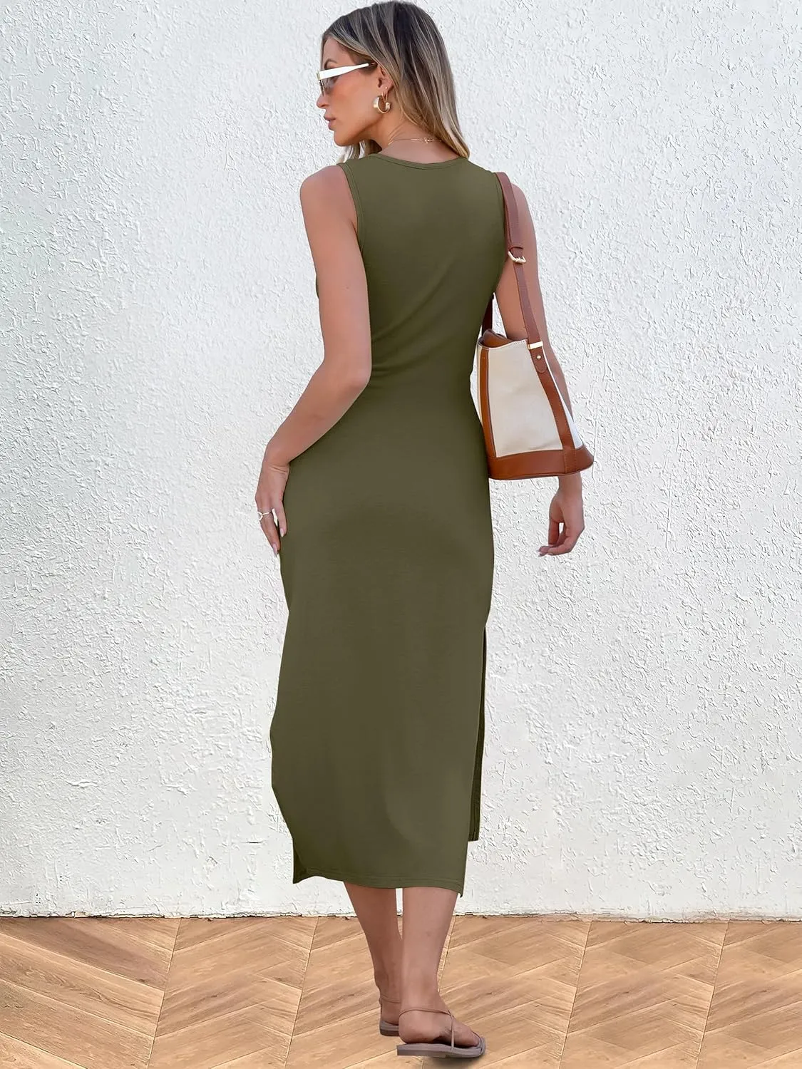 ANRABESS Womens Summer Casual Sleeveless T Shirt Midi Dress Slim Fit Tie Waist Split Tank Long Dresses 2025 Vacation Sundress