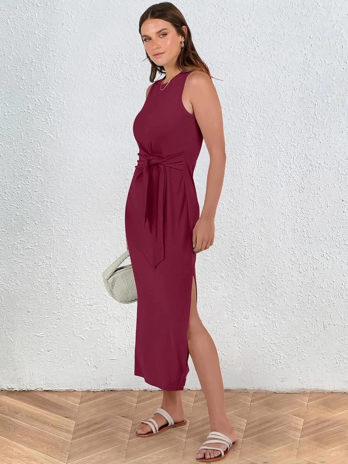 ANRABESS Womens Summer Casual Sleeveless T Shirt Midi Dress Slim Fit Tie Waist Split Tank Long Dresses 2025 Vacation Sundress
