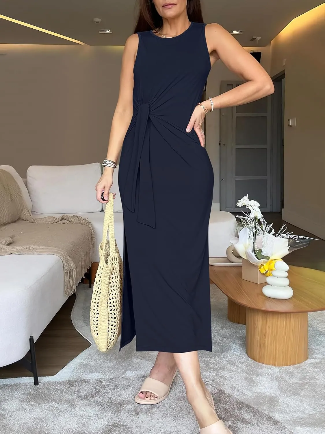 ANRABESS Womens Summer Casual Sleeveless T Shirt Midi Dress Slim Fit Tie Waist Split Tank Long Dresses 2025 Vacation Sundress