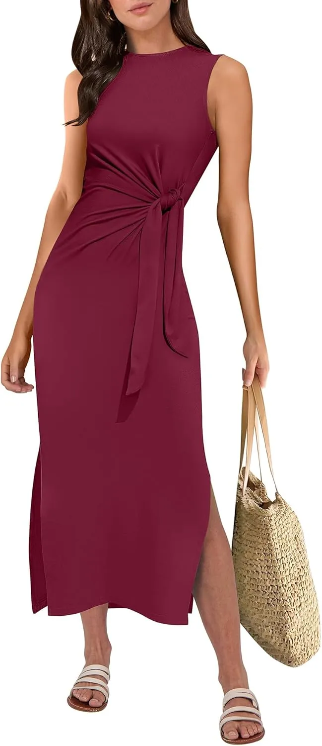 ANRABESS Womens Summer Casual Sleeveless T Shirt Midi Dress Slim Fit Tie Waist Split Tank Long Dresses 2025 Vacation Sundress