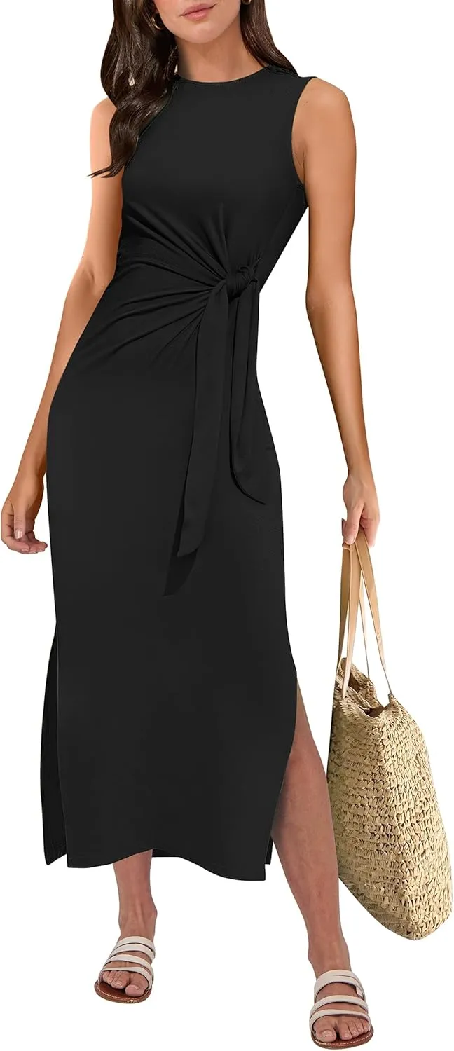 ANRABESS Womens Summer Casual Sleeveless T Shirt Midi Dress Slim Fit Tie Waist Split Tank Long Dresses 2025 Vacation Sundress