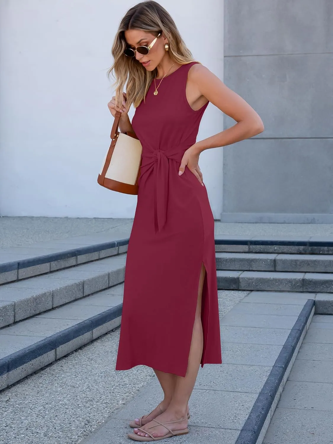 ANRABESS Womens Summer Casual Sleeveless T Shirt Midi Dress Slim Fit Tie Waist Split Tank Long Dresses 2025 Vacation Sundress