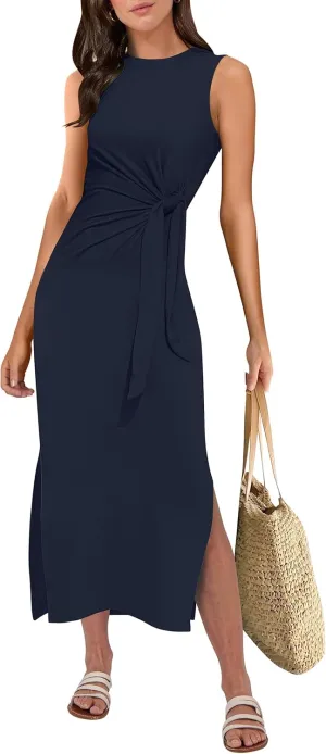 ANRABESS Womens Summer Casual Sleeveless T Shirt Midi Dress Slim Fit Tie Waist Split Tank Long Dresses 2025 Vacation Sundress