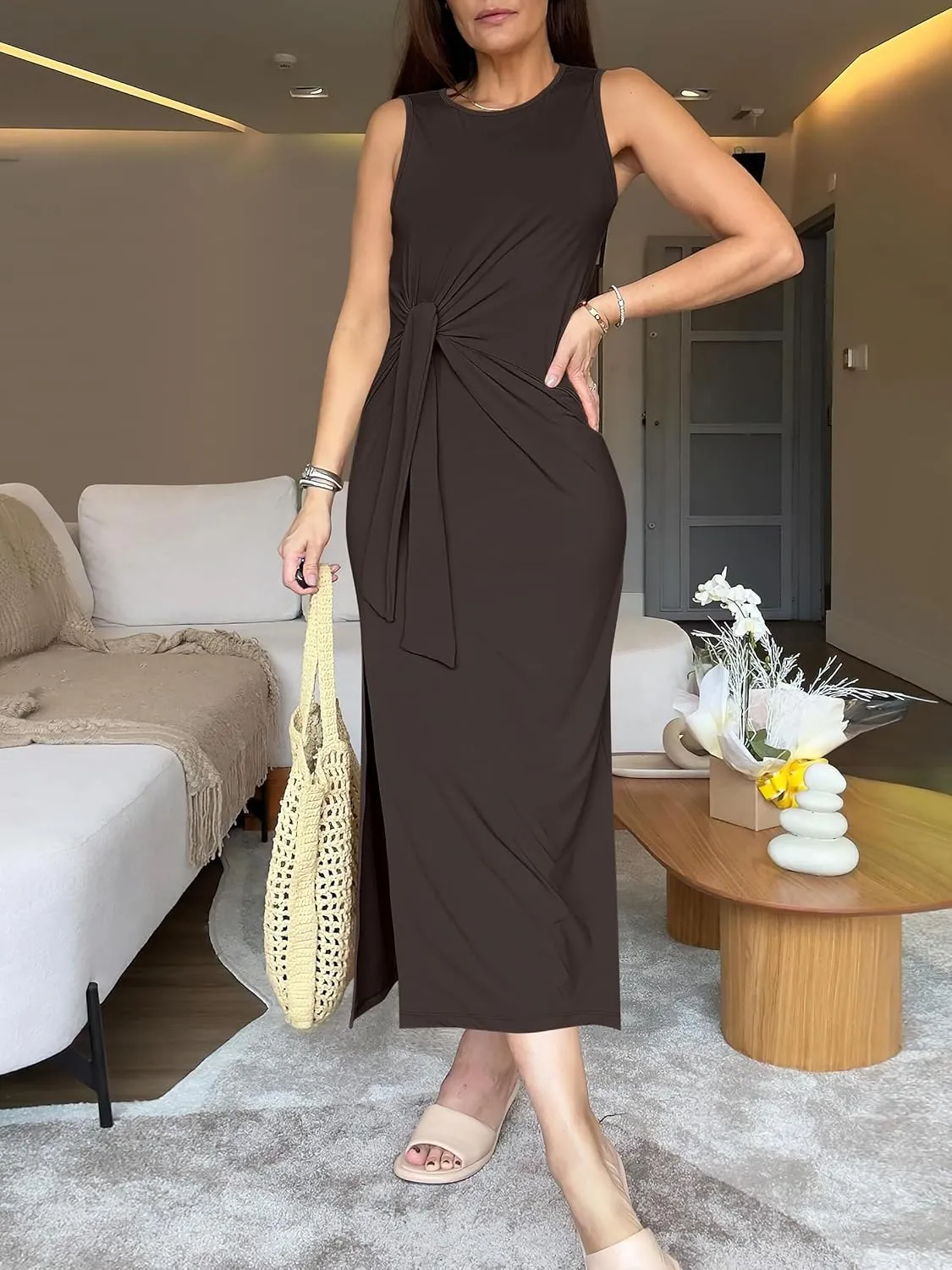 ANRABESS Womens Summer Casual Sleeveless T Shirt Midi Dress Slim Fit Tie Waist Split Tank Long Dresses 2025 Vacation Sundress