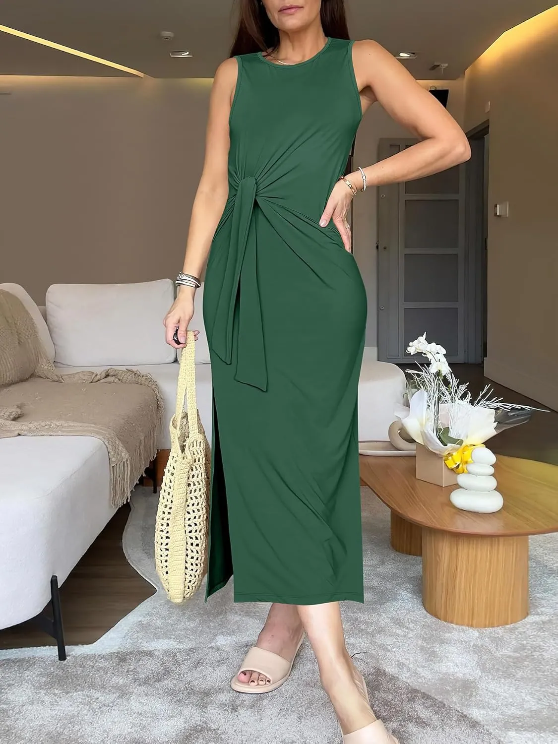 ANRABESS Womens Summer Casual Sleeveless T Shirt Midi Dress Slim Fit Tie Waist Split Tank Long Dresses 2025 Vacation Sundress