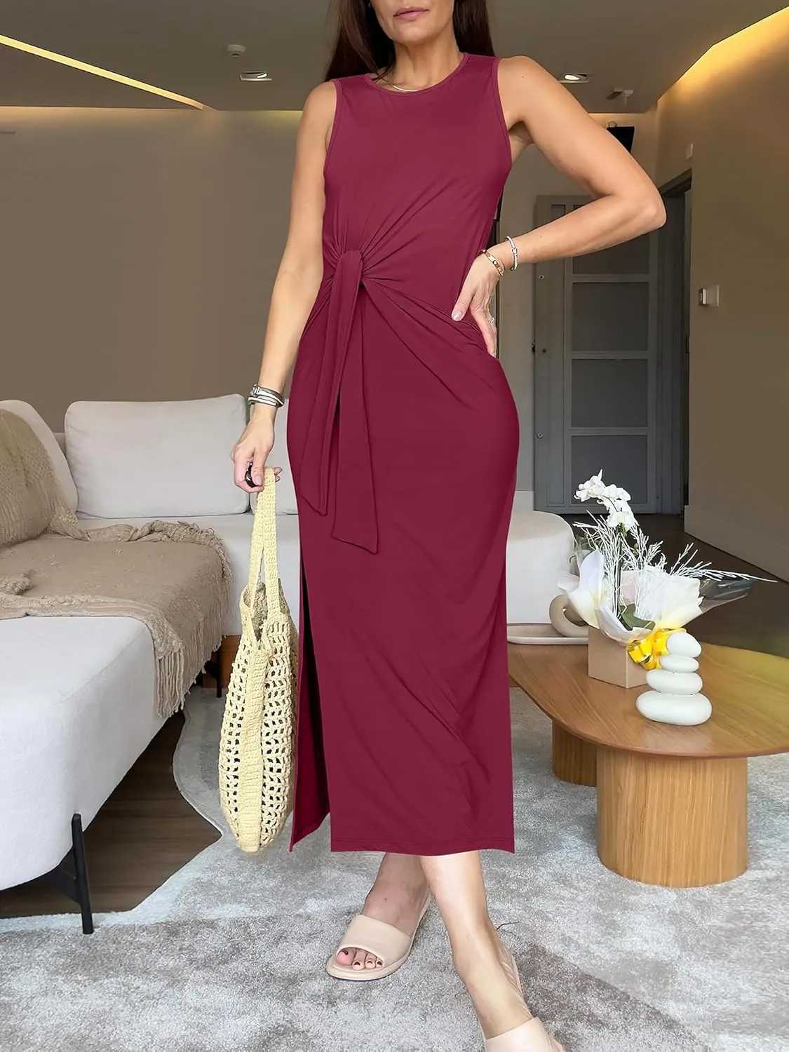ANRABESS Womens Summer Casual Sleeveless T Shirt Midi Dress Slim Fit Tie Waist Split Tank Long Dresses 2025 Vacation Sundress