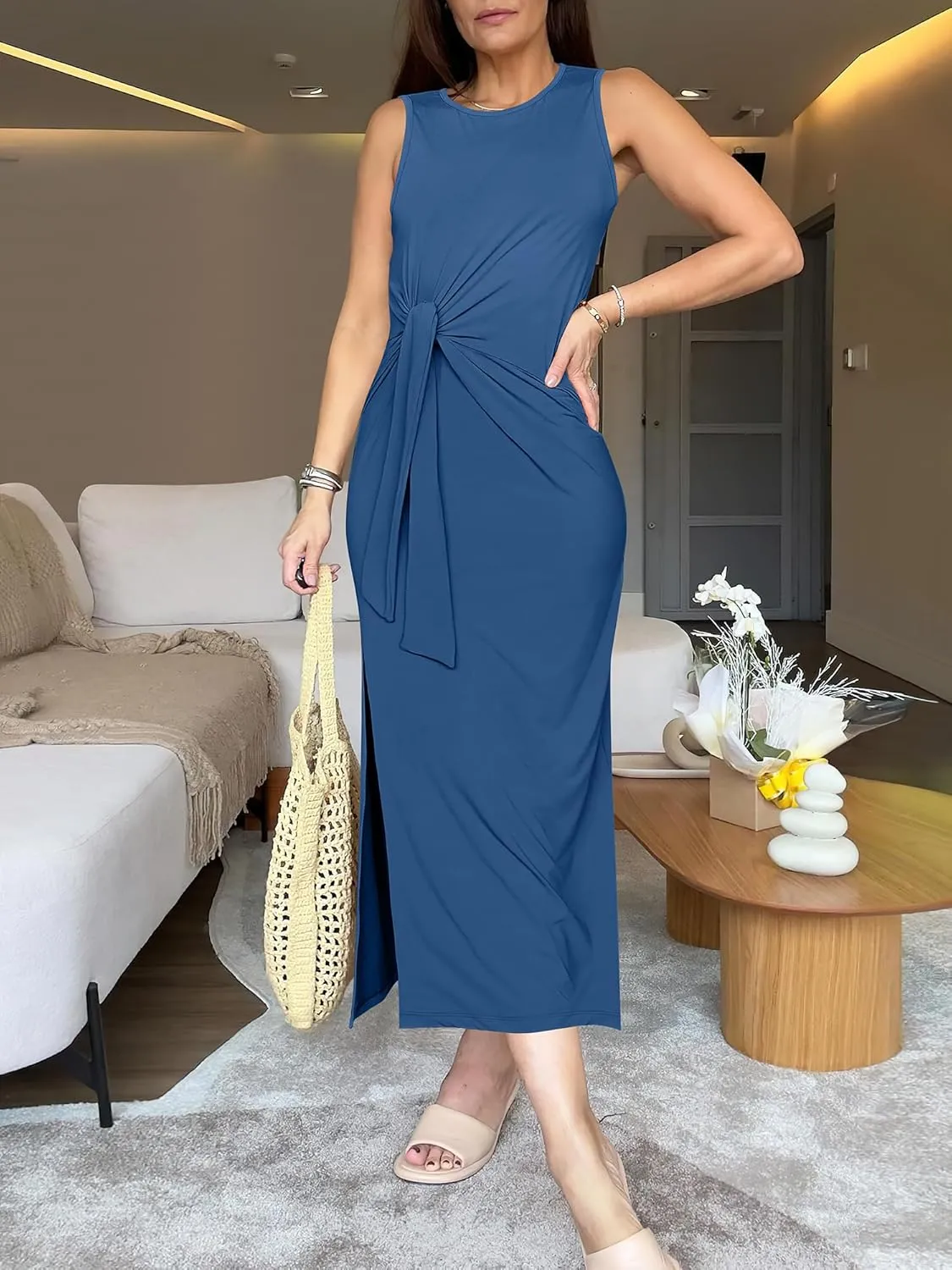 ANRABESS Womens Summer Casual Sleeveless T Shirt Midi Dress Slim Fit Tie Waist Split Tank Long Dresses 2025 Vacation Sundress