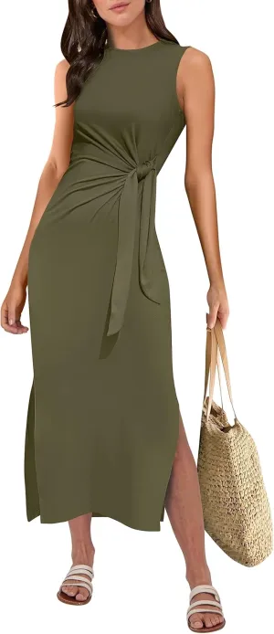 ANRABESS Womens Summer Casual Sleeveless T Shirt Midi Dress Slim Fit Tie Waist Split Tank Long Dresses 2025 Vacation Sundress