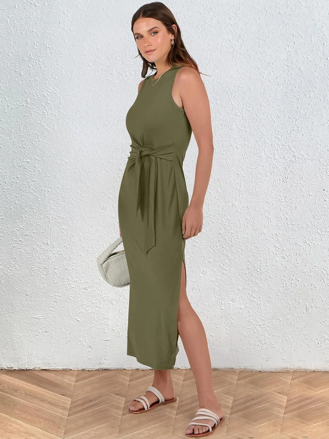ANRABESS Womens Summer Casual Sleeveless T Shirt Midi Dress Slim Fit Tie Waist Split Tank Long Dresses 2025 Vacation Sundress