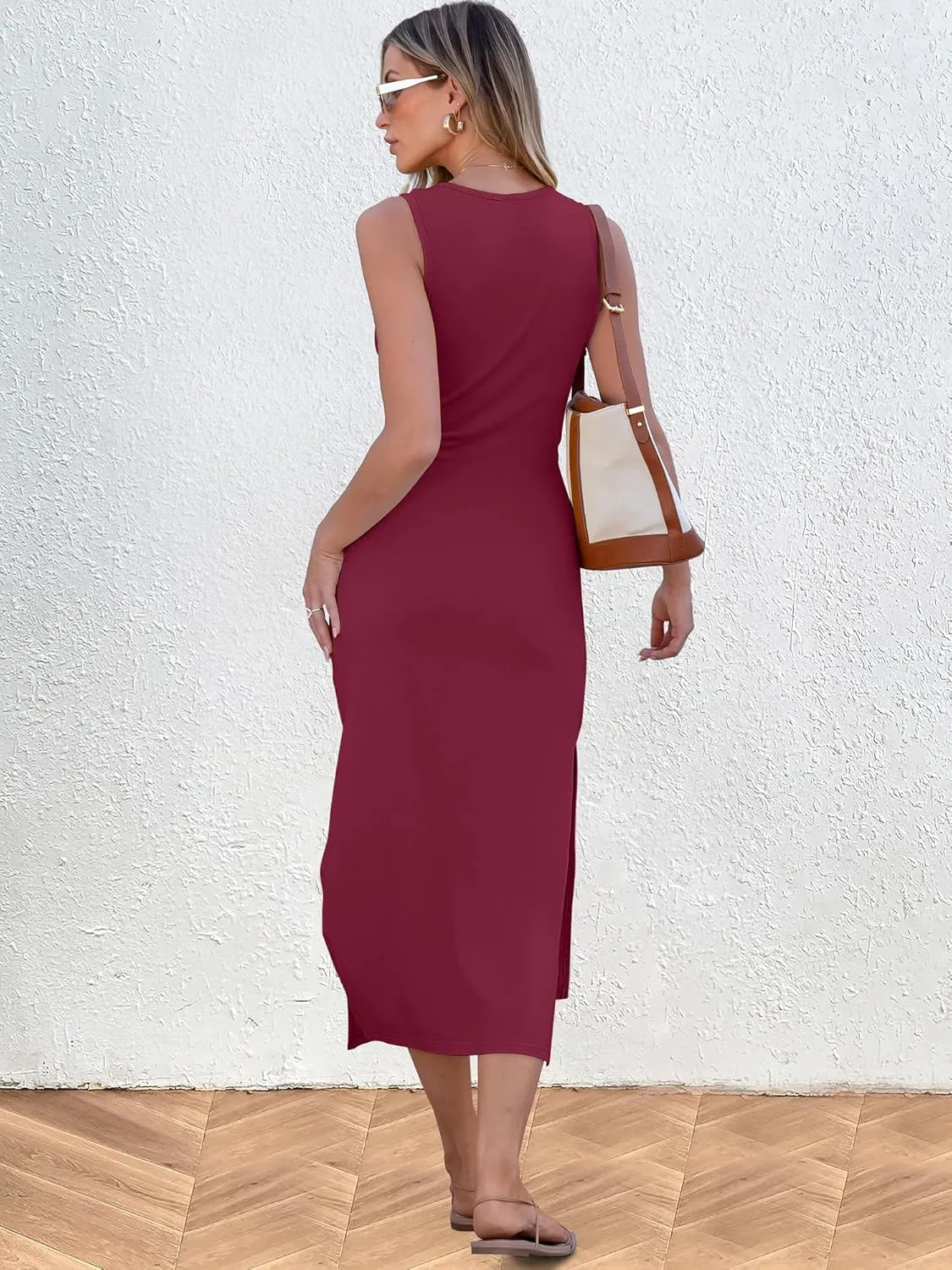 ANRABESS Womens Summer Casual Sleeveless T Shirt Midi Dress Slim Fit Tie Waist Split Tank Long Dresses 2025 Vacation Sundress