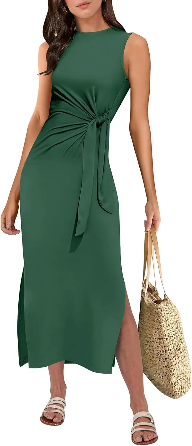 ANRABESS Womens Summer Casual Sleeveless T Shirt Midi Dress Slim Fit Tie Waist Split Tank Long Dresses 2025 Vacation Sundress