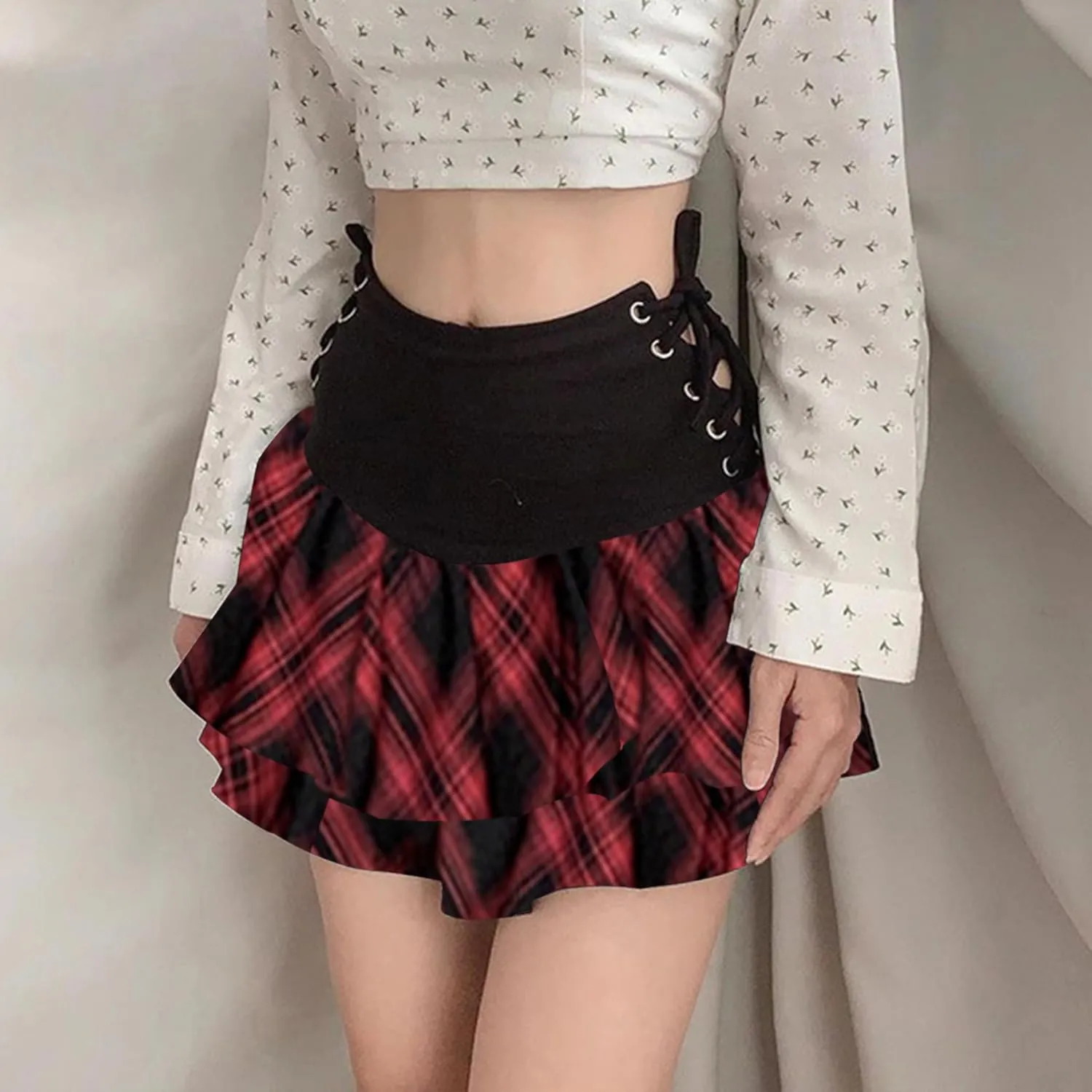AULKEEP Womens Lace Up Skirts Goth Ruffle Mini Skirt Y2k Black High Waist Skirt Summer Punk Short Skirts