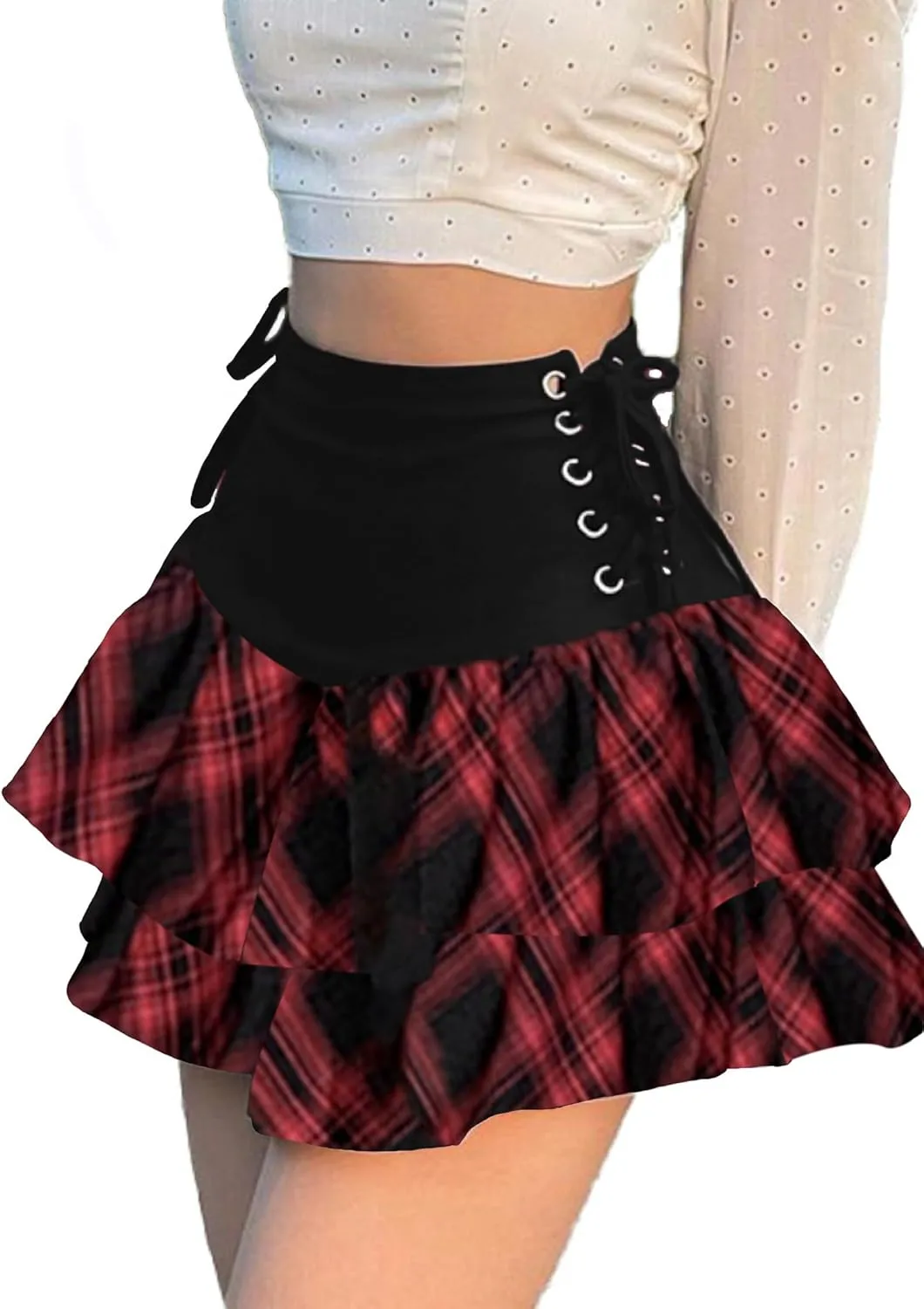 AULKEEP Womens Lace Up Skirts Goth Ruffle Mini Skirt Y2k Black High Waist Skirt Summer Punk Short Skirts