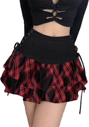 AULKEEP Womens Lace Up Skirts Goth Ruffle Mini Skirt Y2k Black High Waist Skirt Summer Punk Short Skirts