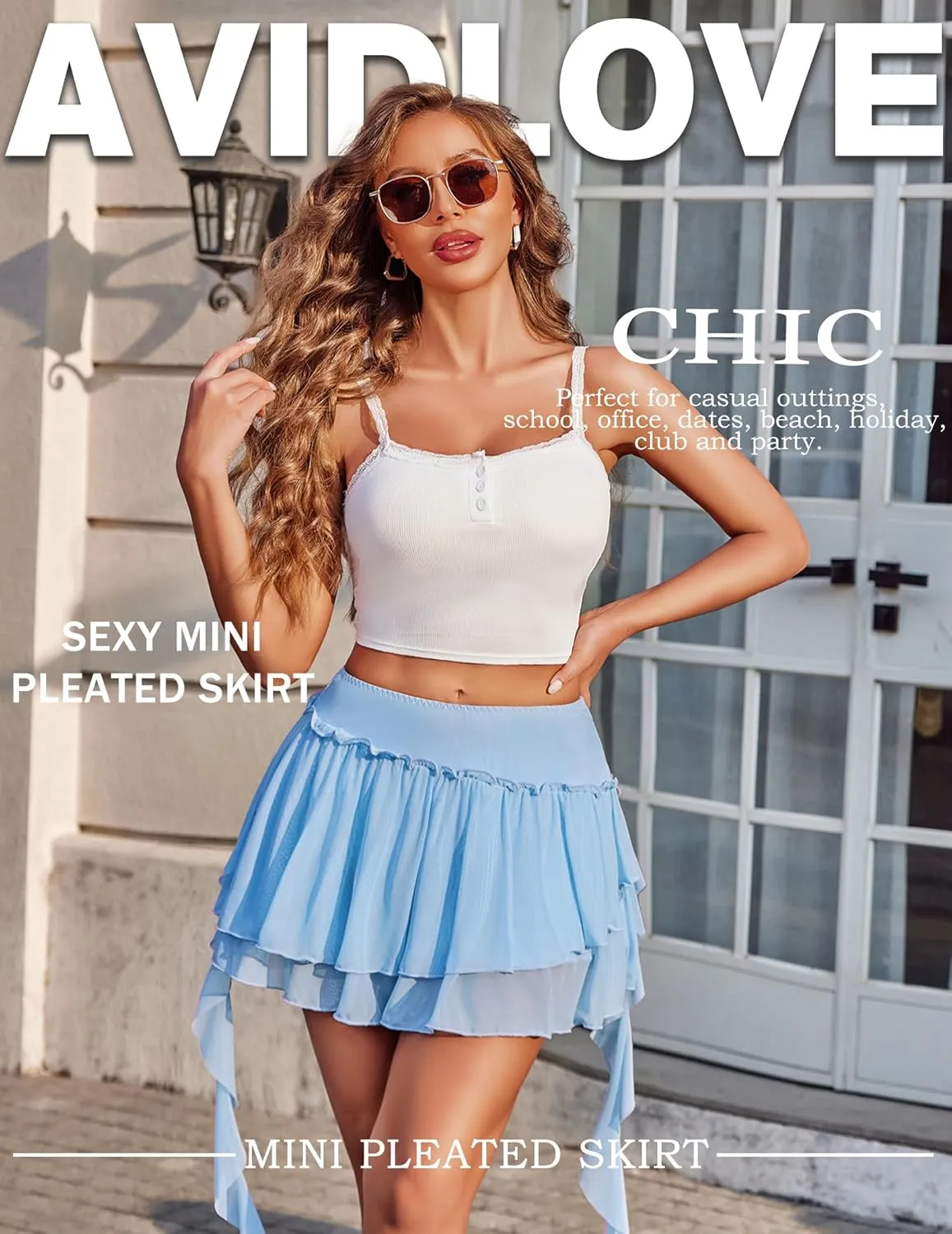 Avidlove Women's Pleated Mini Skirt Mesh Layered Ruffled Skirt Casual Ruffles Flowy Skorts S-XXL