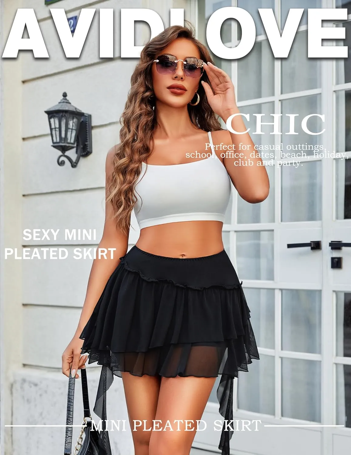 Avidlove Women's Pleated Mini Skirt Mesh Layered Ruffled Skirt Casual Ruffles Flowy Skorts S-XXL