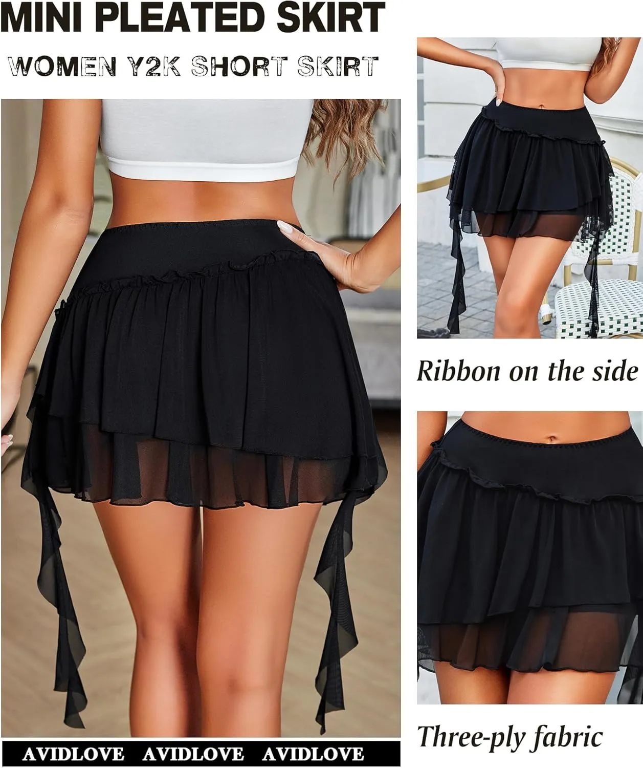 Avidlove Women's Pleated Mini Skirt Mesh Layered Ruffled Skirt Casual Ruffles Flowy Skorts S-XXL