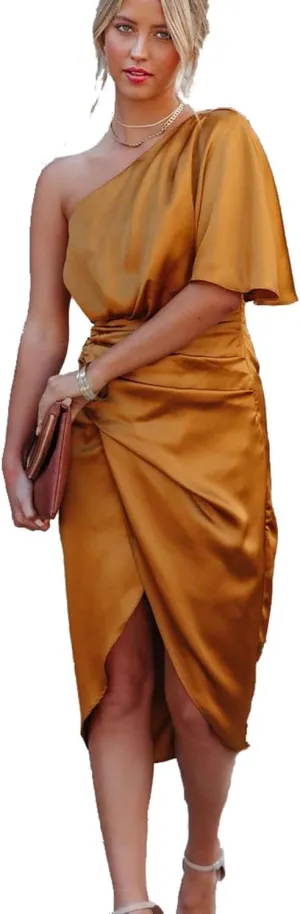 AVSMGP Women's 2024 Summer Ruched Bodycon Dress Sleeveless One Shoulder Wrap Satin Belted Cocktail Midi Dress