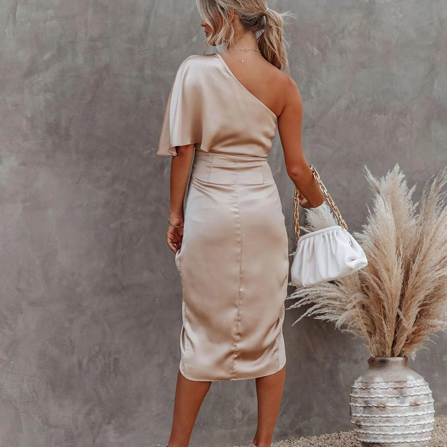 AVSMGP Women's 2024 Summer Ruched Bodycon Dress Sleeveless One Shoulder Wrap Satin Belted Cocktail Midi Dress