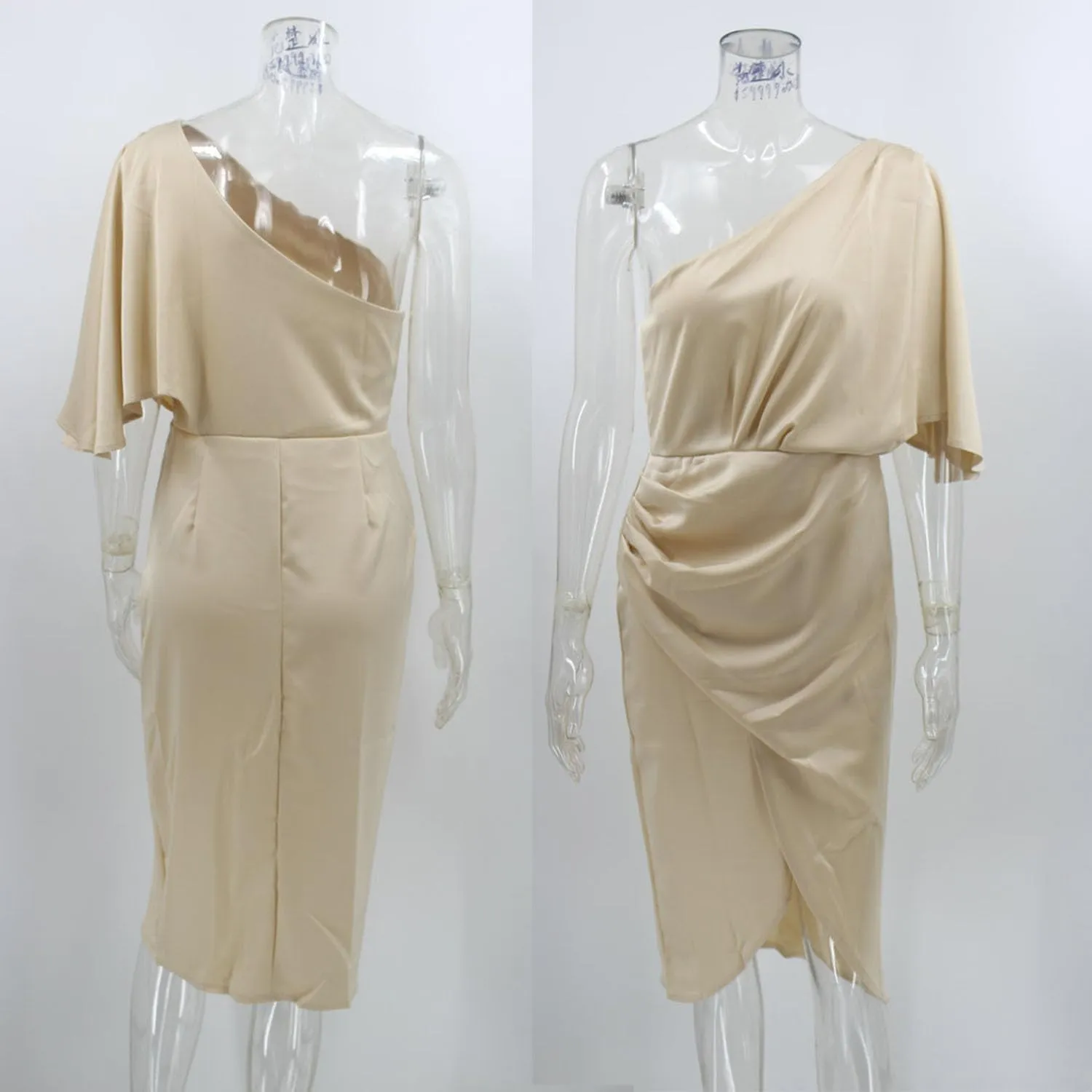 AVSMGP Women's 2024 Summer Ruched Bodycon Dress Sleeveless One Shoulder Wrap Satin Belted Cocktail Midi Dress