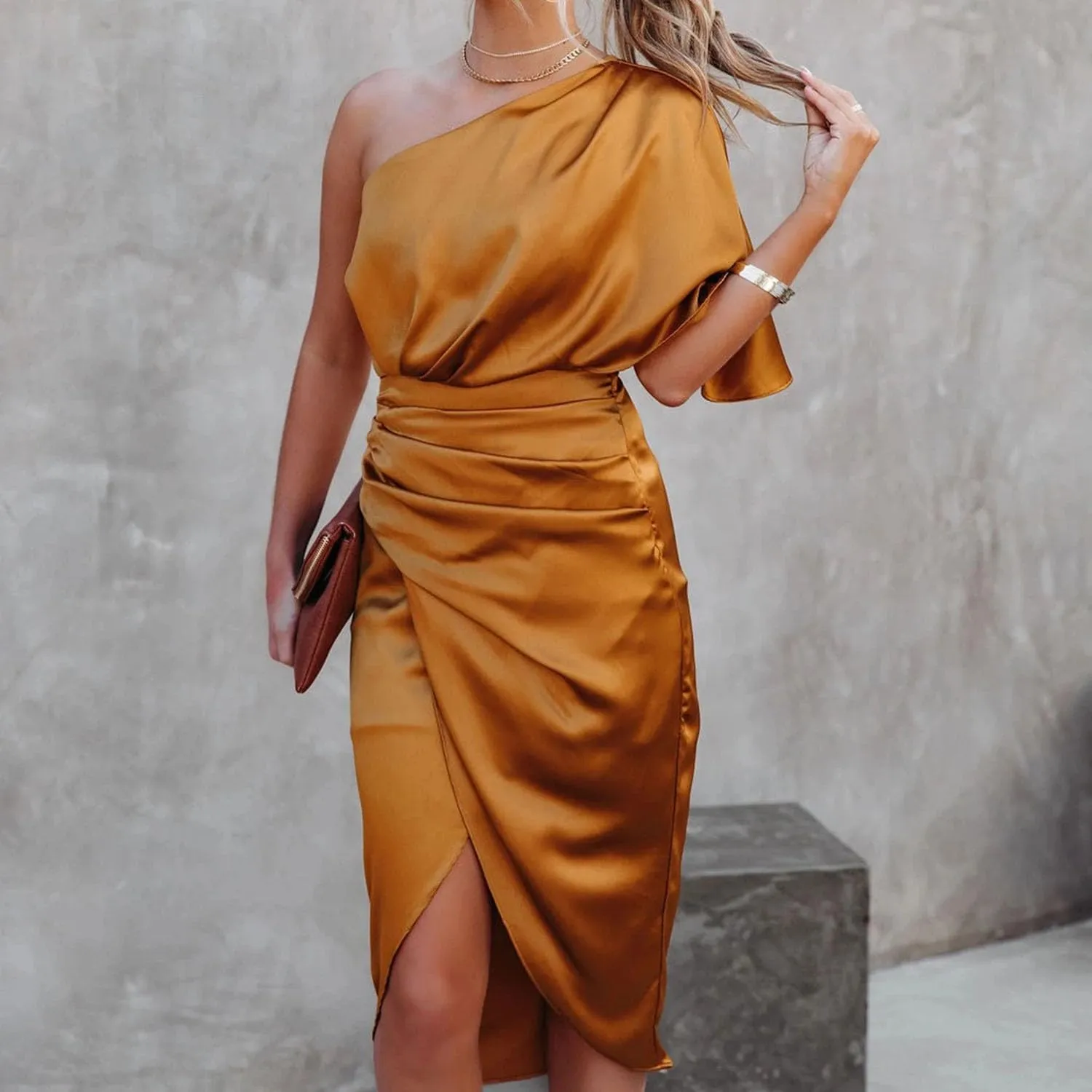 AVSMGP Women's 2024 Summer Ruched Bodycon Dress Sleeveless One Shoulder Wrap Satin Belted Cocktail Midi Dress