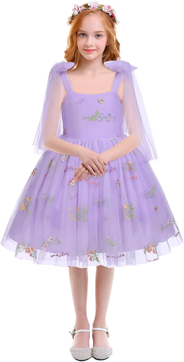 Baby Flower Girl Dress Sleeveless Spaghetti Straps Floral Embroidered Princess Dress Toddler Birthday Party Fairy Tulle Dress