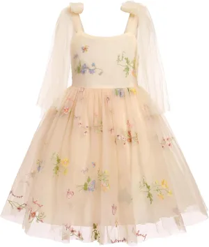 Baby Flower Girl Dress Sleeveless Spaghetti Straps Floral Embroidered Princess Dress Toddler Birthday Party Fairy Tulle Dress