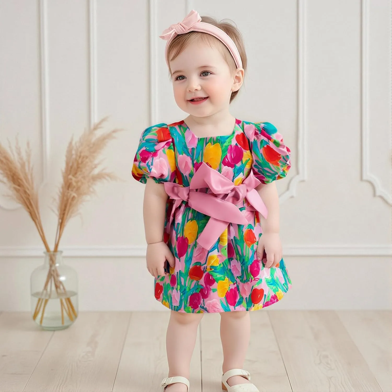 Baby Toddler Girl Dress Short Sleeves Flower Bubble Tulle Sundress Summer Casual Princess Dress