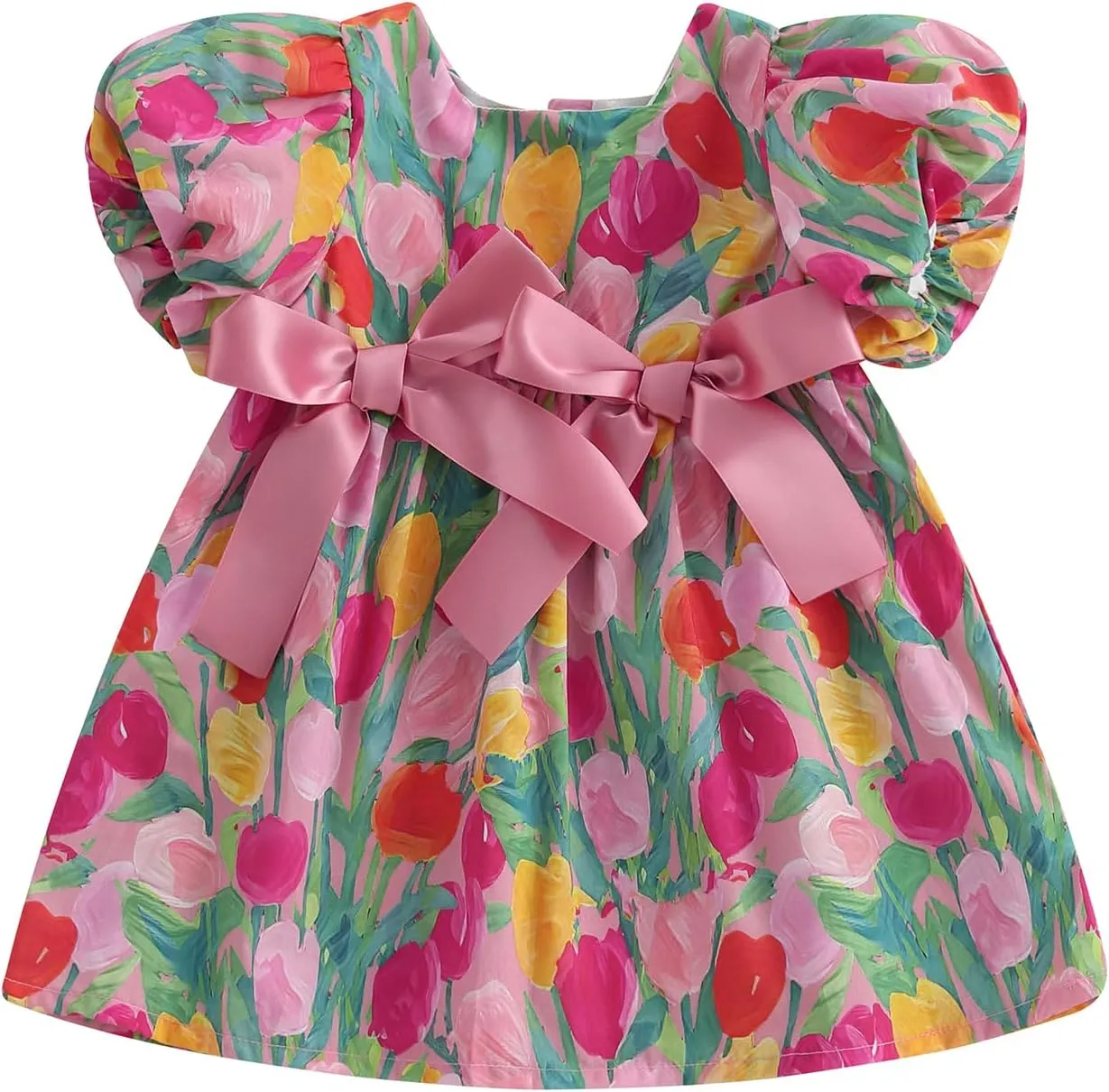 Baby Toddler Girl Dress Short Sleeves Flower Bubble Tulle Sundress Summer Casual Princess Dress