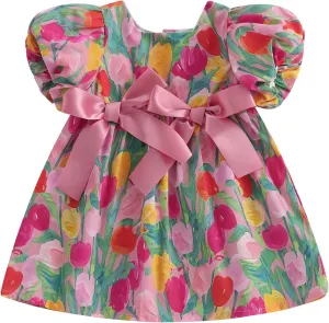 Baby Toddler Girl Dress Short Sleeves Flower Bubble Tulle Sundress Summer Casual Princess Dress