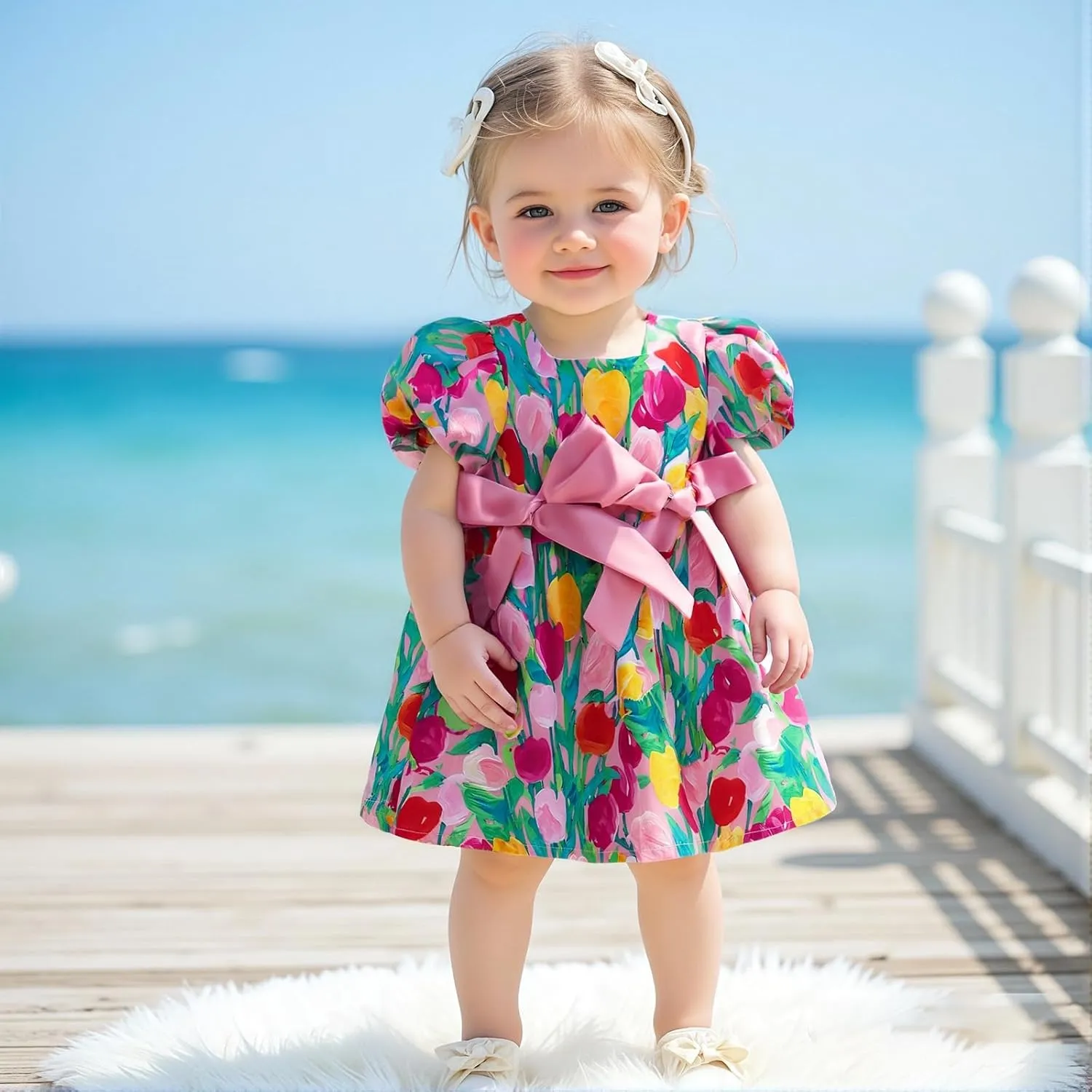 Baby Toddler Girl Dress Short Sleeves Flower Bubble Tulle Sundress Summer Casual Princess Dress
